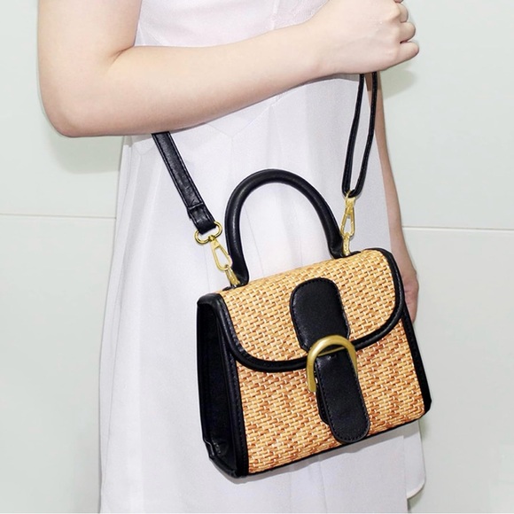 Handbags - Chic Black and Straw Crossbody Bag with Adjustable Strap